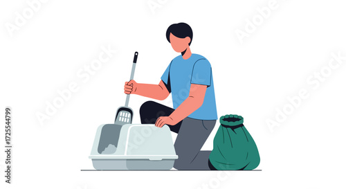 Caring for furry friends: Illustration of a man cleaning the cat's litter box for hygiene and health maintaining a clean and comfortable environment