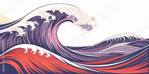 Japanese-inspired wave art featuring bold curves and delicate foam, rendered in soft pink and deep blue with a tranquil mountain backdrop.
