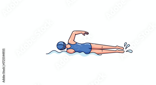 Cartoon illustration of a woman swimming in a freestyle stroke with blue swimwear and swimming cap in the water with minimalist art style