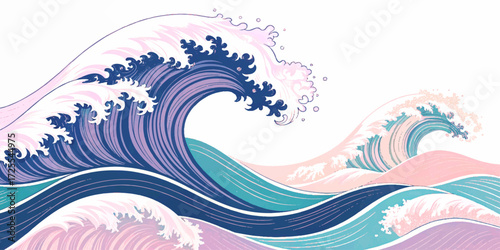 Artistic ocean scene with curling waves and pink highlights, evoking energy and movement in a stylized, traditional Japanese aesthetic.
