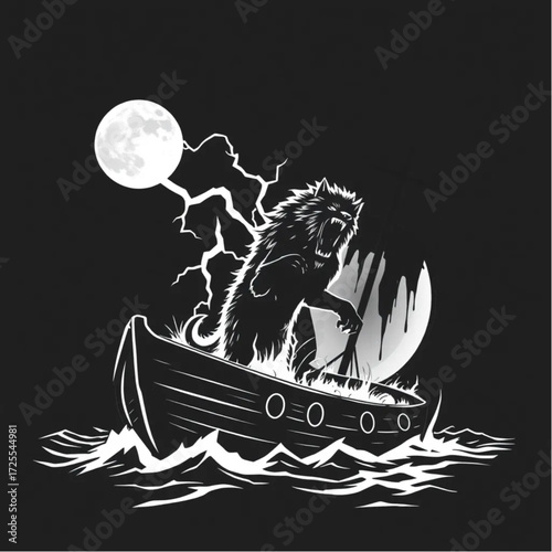 A werewolf appearing in a sudden flash of lightning in a haunted shipwreck surrounded by blood-stained moon.