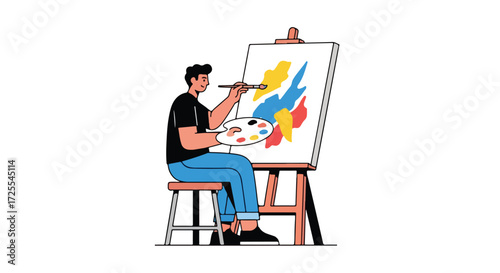Illustration of a Focused Artist Painting an Abstract Canvas with Brush and Palette in Creative Studio Setting showcasing Artistic Expression