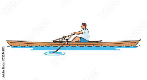 Single Scull Rowing: A Man Engaged in the Pursuit of Rowing on a Boat in Aquatic Scenery Represented in a Detailed Illustration