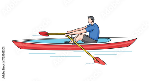 Illustrated rowing athlete practicing on tranquil water, utilizing synchronized oars for propelling a slender racing scull efficiently