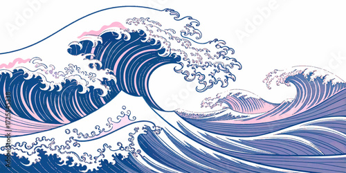 Artistic ocean scene with curling waves and pink highlights, evoking energy and movement in a stylized, traditional Japanese aesthetic.
