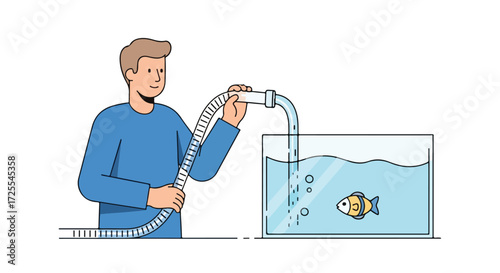 Man carefully filling a fish tank with water using a hose ensuring the aquarium inhabitants thrive with cleanliness
