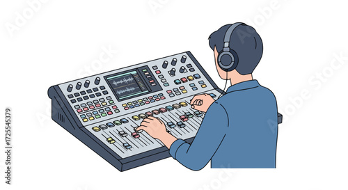 Sound engineer tuning audio console for recording studio session, adjusting settings and listening with headphones, isolated on white background