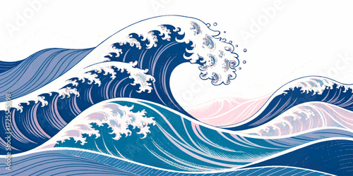 Artistic ocean scene with curling waves and pink highlights, evoking energy and movement in a stylized, traditional Japanese aesthetic.
