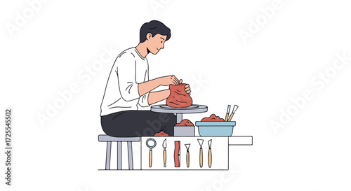 Concentrated potter shaping a piece of clay on a wheel with tools in a minimalist illustration demonstrating craftsmanship and artistic pursuit