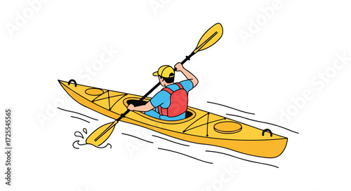 Illustration showcasing an individual kayaking on a yellow kayak wearing a red life vest and hat, engaging in outdoor adventure and recreational