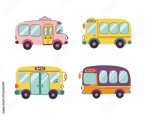 Collection of four colorful cartoon buses in different styles and colors including a pink school bus yellow city bus and purple and orange bus