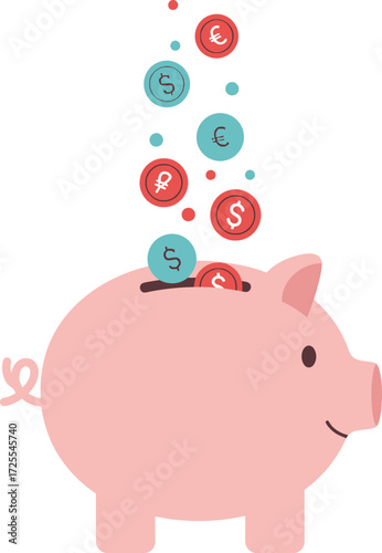 Pink piggy bank receiving colorful coins illustration saving money fun finance isolated on transparent background