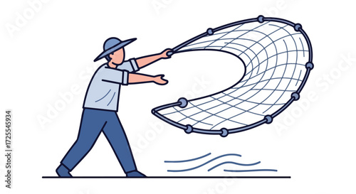 Illustration depicting a fisherman casting a circular net into the water ready to catch fishes with focus and determination in artistic way