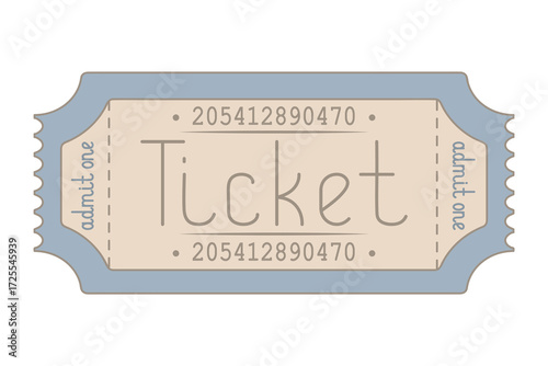 Gray ticket admit one. Handwritten lettering. Color vector illustration. Tear-off ticket with number. Isolated white background. Flat style. Idea for web design.