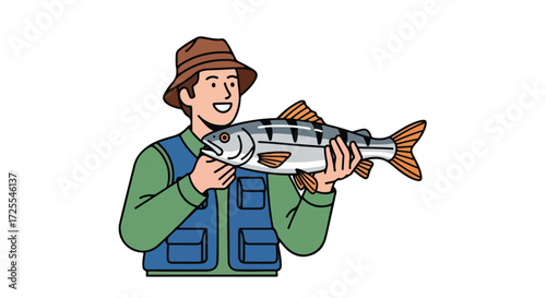 Happy fisherman displays striped bass catch with pride in a minimalist cartoon illustration perfect for recreational themed designs