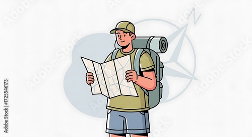 Adventurous Backpacker Navigating with Map Cartoon Illustration.