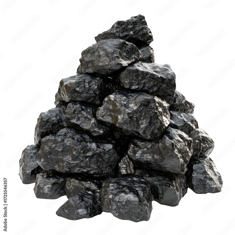 Fototapeta premium A visually striking pile of shiny black coal rocks arranged in a natural formation. set against a clean white background. ideal for illustrating energy resources or mining themes