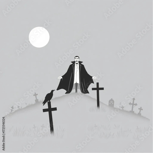 A vampire emerging from the fog in a shadowy cemetery hill surrounded by raven perched on a cross.