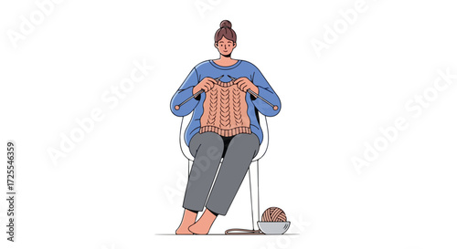 Woman knitting wool sweater on chair artistic illustration portraying domestic craft and textile creation for relaxation and mindful lifestyle