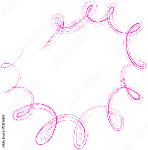 Squiggled, organic, textured, curved brush line, with a relaxed and handmade look, forming circular loops