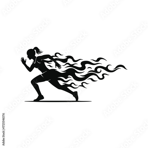 Dynamic silhouette of a female runner with flowing flames symbolizing speed and energy in motion.