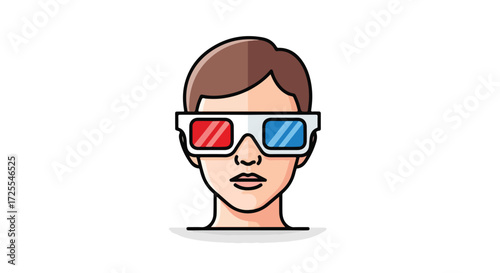 Illustration of a person wearing 3D glasses for experiencing immersive media entertainment and virtual reality application enjoyment