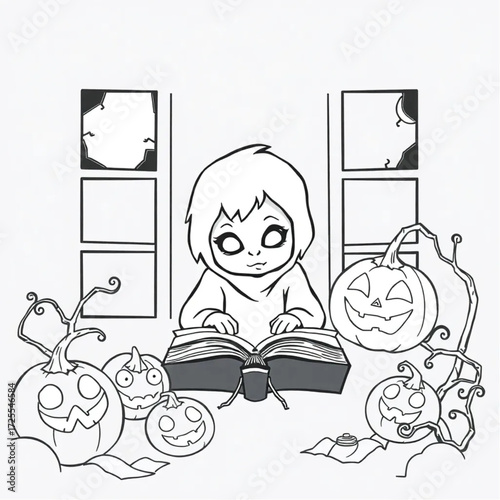 A spectral child staring through cracked windows in a glowing jack-o'-lantern trail surrounded by ancient spellbook.