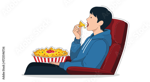 Leisurely indulgence: A person enjoying cheesy nachos in a comfortable chair, creating a scene of relaxation and enjoyment in vector art