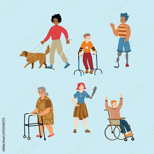 People with disabilities, old woman with walkers vector illustration