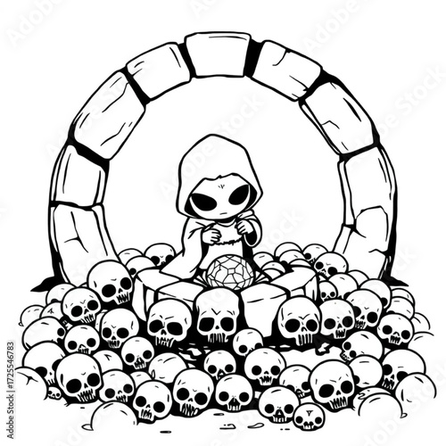 A spectral child guarding a hidden treasure in a ancient stone circle surrounded by pile of skulls.