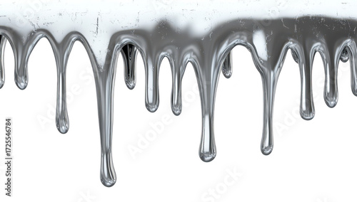 A close-up view of liquid metal dripping from a surface. the smooth. reflective texture and intricate formations. set against a plain white background. ideal for abstract art or industrial themes