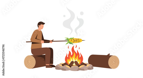 Simple depiction of a man roasting corn over a campfire illustration in a minimalist style focusing on a relaxed outdoor cooking scene showcasing