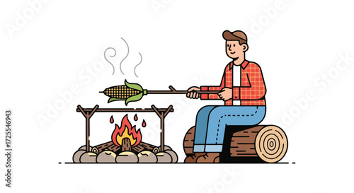 Campfire Cooking: A Cartoon Illustration of a Man Roasting Corn Over an Open Fire While Enjoying the Outdoors