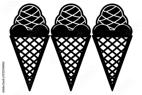 Vector art of three ice cream cones in black and white style