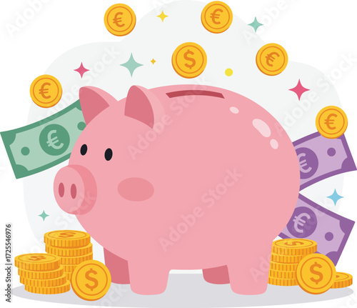 Pink piggy bank with coins and banknotes symbolizing savings and financial growth isolated on transparent background