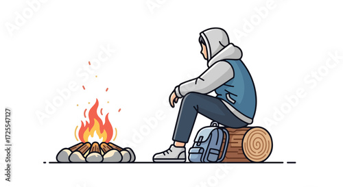 Contemplative traveler resting by a stylized campfire illustration embodying outdoor solitude and tranquility capturing the serene essence of