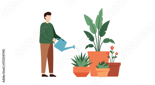 Illustration showcasing a man tending to his indoor garden by watering potted plants creating a soothing and domestic atmosphere