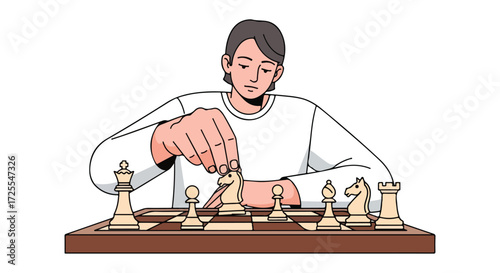 Illustrative depiction of a young man deeply engrossed in a strategic chess match against an unseen opponent displaying focus and anticipation in