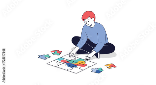 Illustration of a young man piecing together a colorful jigsaw puzzle on a white background showing concentration and problem-solving, expressing