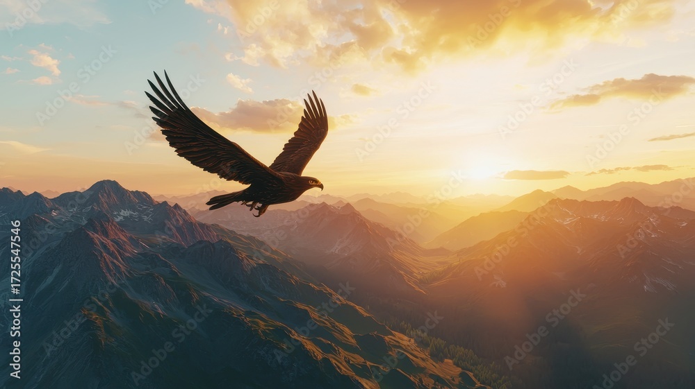 Fototapeta premium Warrior eagle with steel talons, soaring above mountains, 3D illustration