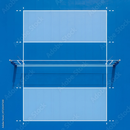 Aerial view of a blue volleyball court with net and lines