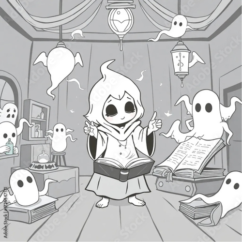 A spectral child chanting ancient spells in a phantom-filled ballroom surrounded by ancient spellbook.