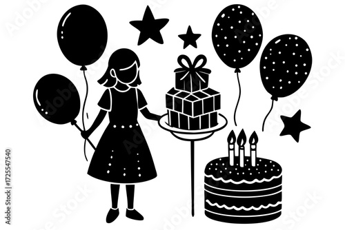 Vector art of girl holding gifts and balloons with birthday cake