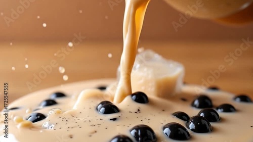 Iced boba milk tea pouring over ice with dynamic splashes, a refreshing beverage scene perfect for food blogs and drink promotions with modern appeal