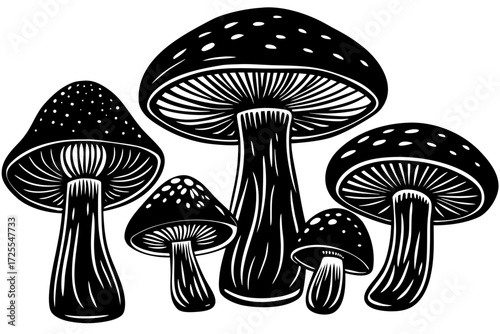 Vector art of group of mushrooms in black color with dots