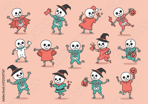 Vector art of skeletons in festive attire play instruments and dance with joy, creating a lively Halloween scene against a clean background the skeletons wear hats and scarves