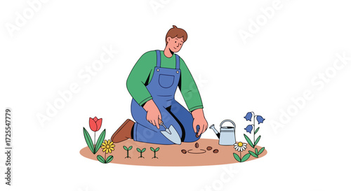 Illustration of a gardener sowing seeds surrounded by spring flowers in a flourishing garden patch outdoors
