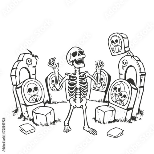 A skeleton screaming silently in a ancient stone circle surrounded by haunted portraits.