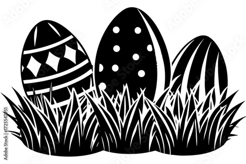 Vector art of three easter eggs in grass, spring holiday concept