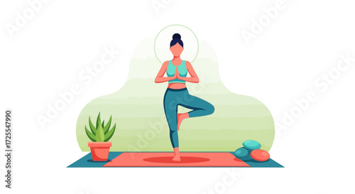 Illustration of a woman practicing yoga in tree pose, promoting wellness and relaxation